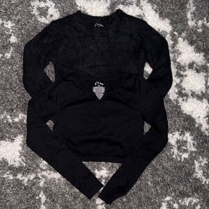 EUC Art Class Girls Set of 2 Black Long Sleeve Crop Tops Fuzzy and Stretchy - M